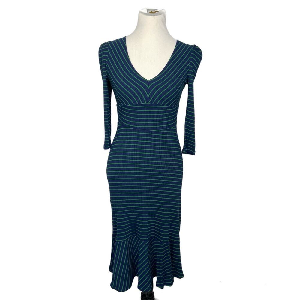 Maeve by Anthropologie XS Navy/Green Stripe 3/4 Length Sleeve Fit & Flair Dress